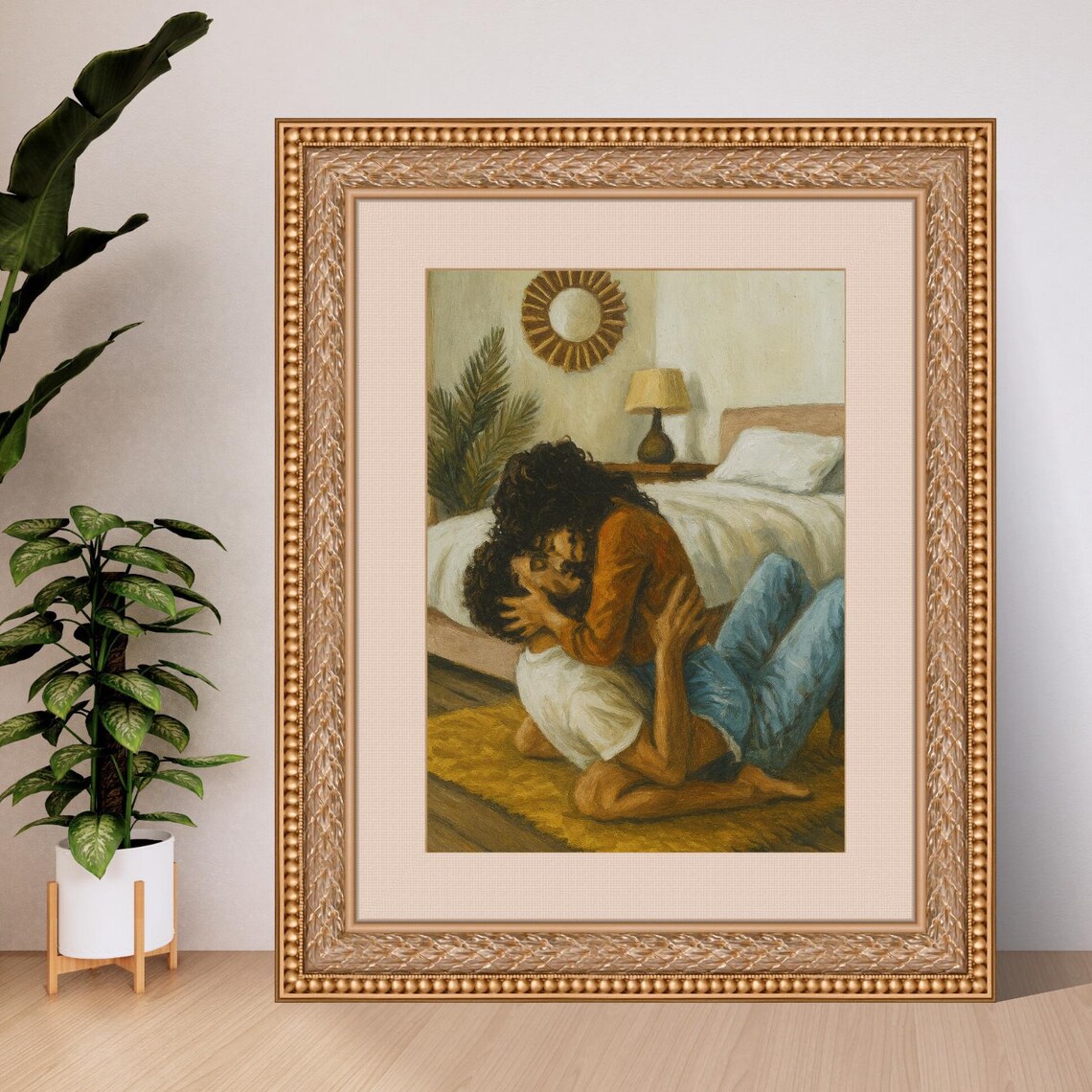 Couple Embracing Warm Bedroom Romantic Golden Light Oil Poster