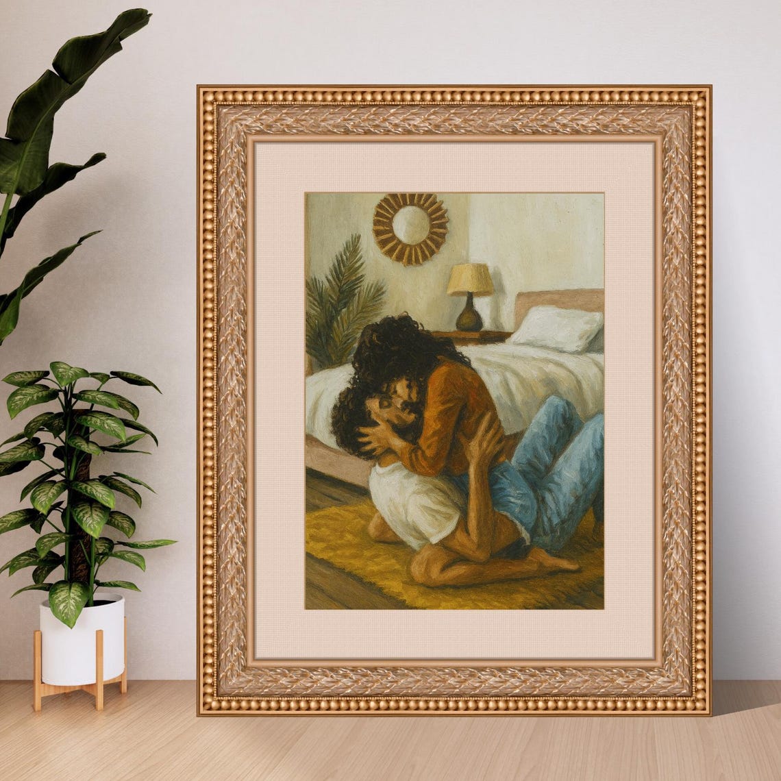 Golden Hour Hearts Romantic Oil Painting Of Blonde Couple Embracing In Cozy English Bedroom