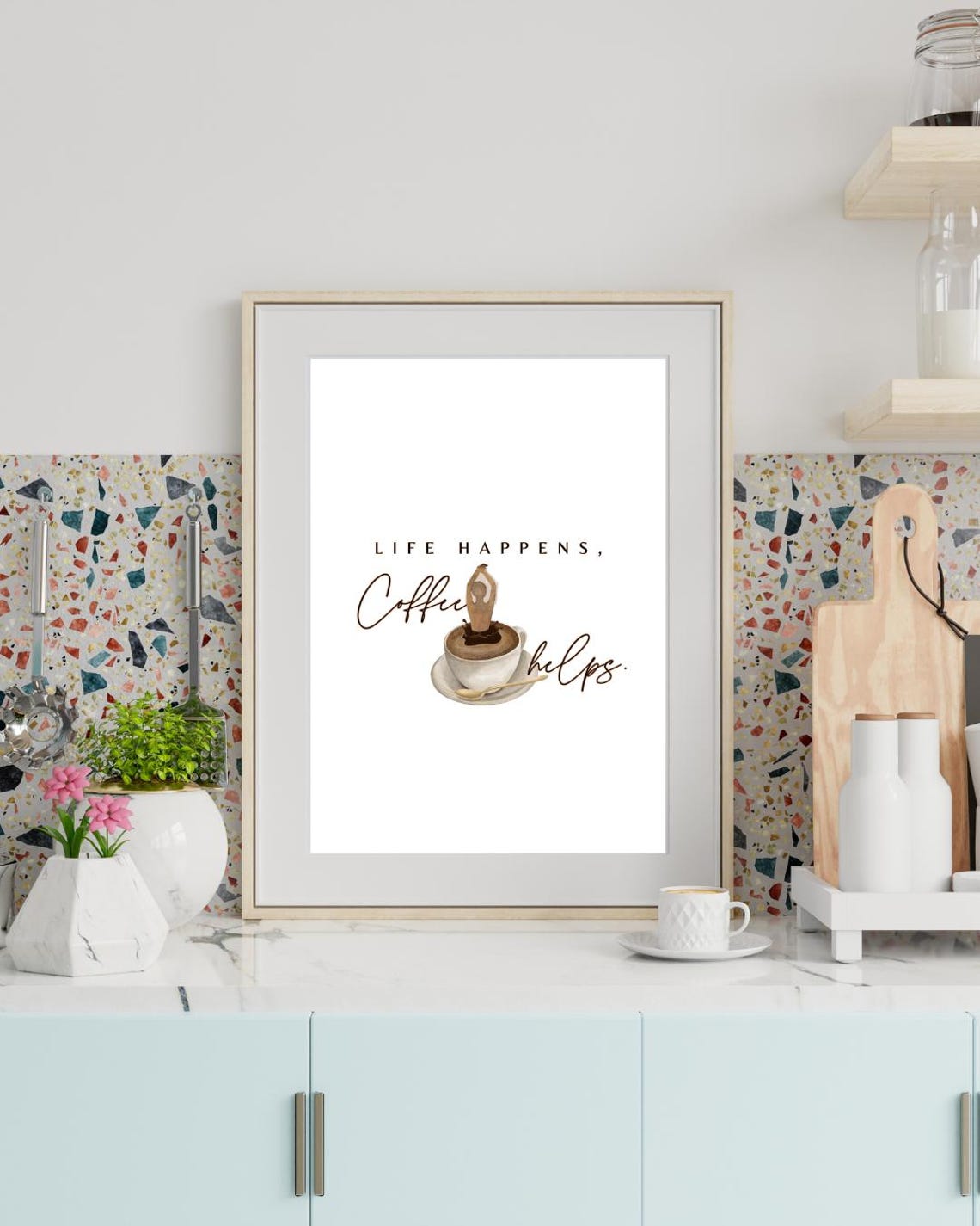 Life Happens Coffee Helps White Coffee Cup Typography Quote Poster - Image 3