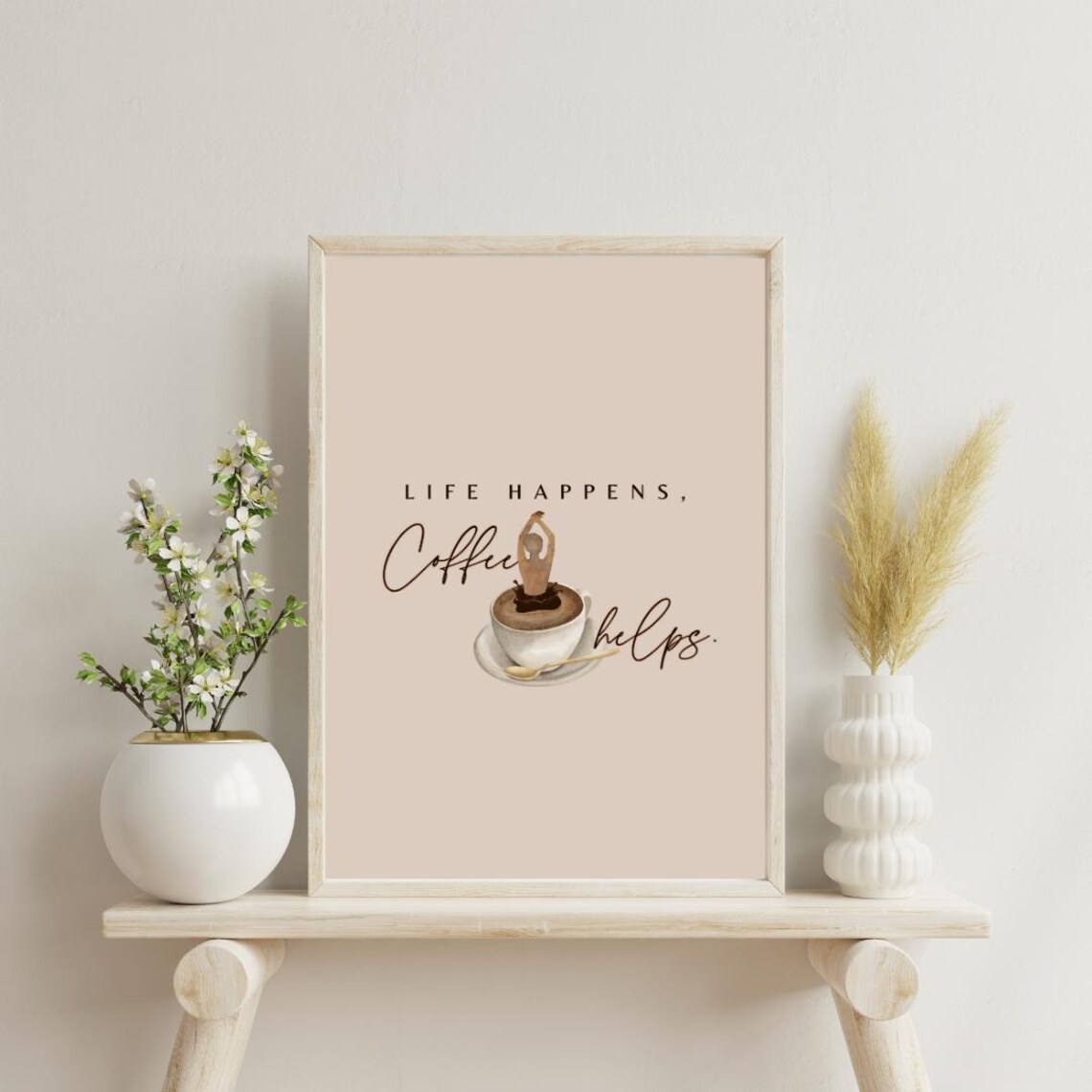Life Happens Coffee Helps Beige Coffee Cup Typography Quote Poster - Image 2