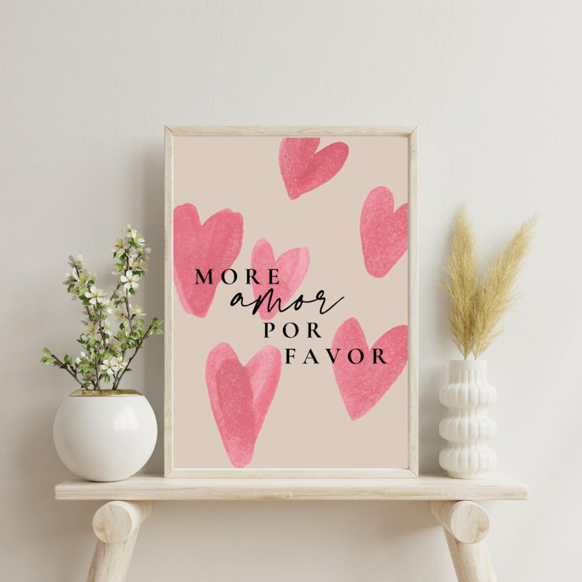 More Amor Por Favor Pink Watercolor Hearts Romantic Love Quote Poster - Image 2