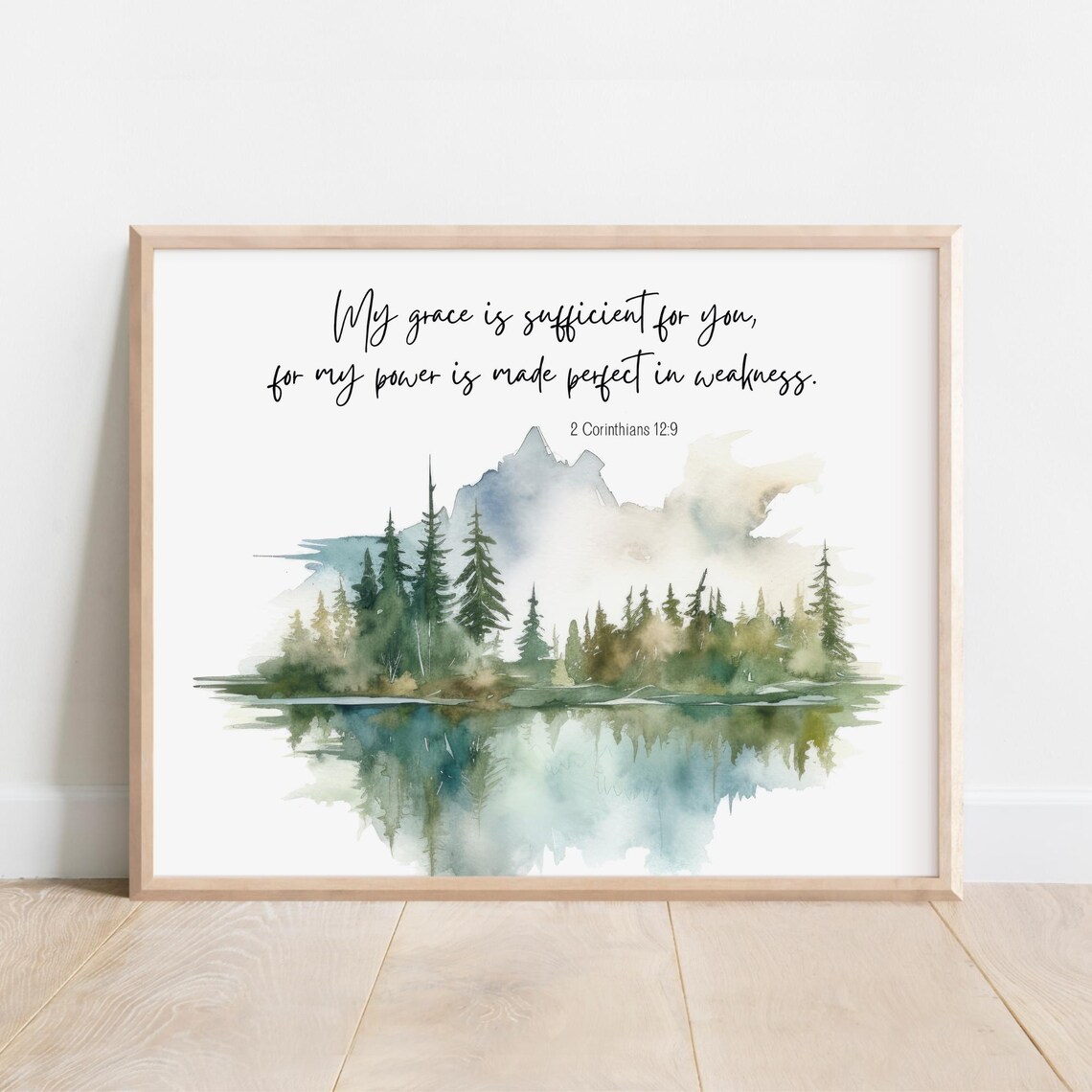 2 Corinthians 129 My Grace Is Sufficient Bible Verse Wall Art Christian Gift Scripture Print Watercolor Landscape Mountain Forest Tree