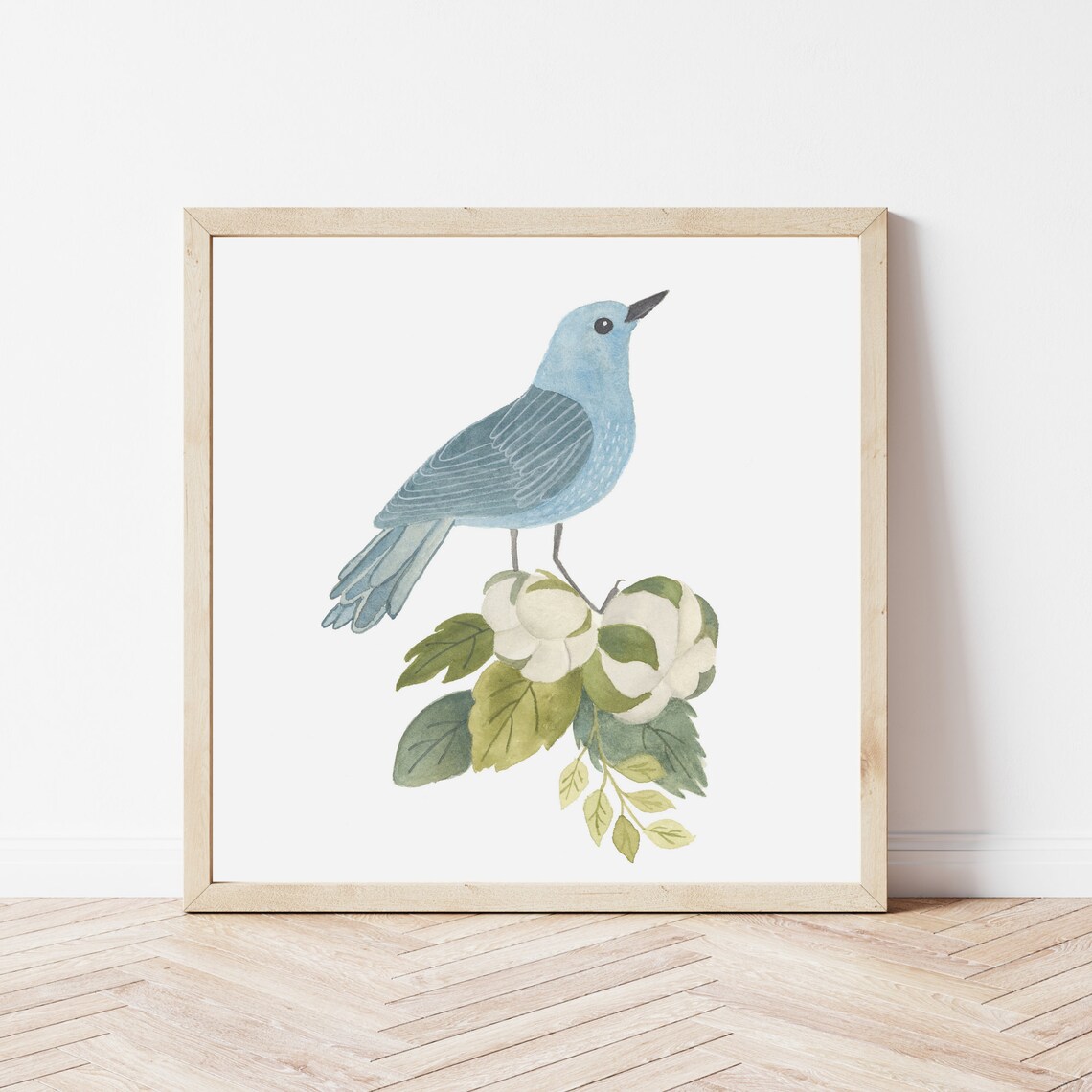 Watercolor Bluebird Songbird Perched White Blossoms Art Poster