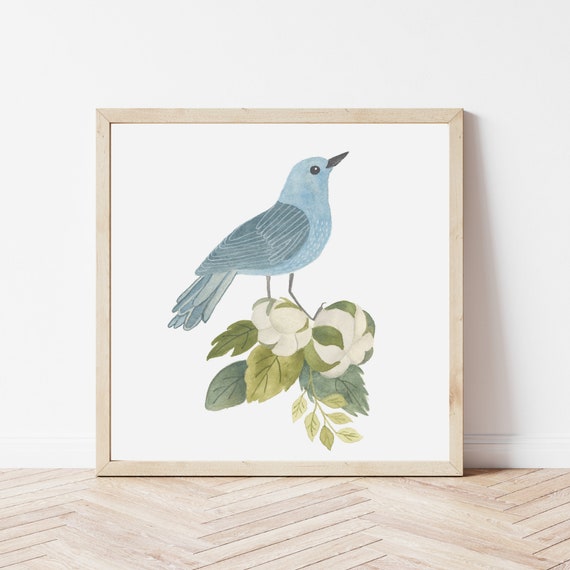 Watercolor Bird Art Norwegian Folk Print Cotton Painting Botanical Danish Scandinavian Polish Poster Women Teen Girl Square
