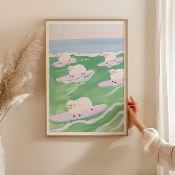 Surfing Sheep Print Vintage Nursery Wall Art