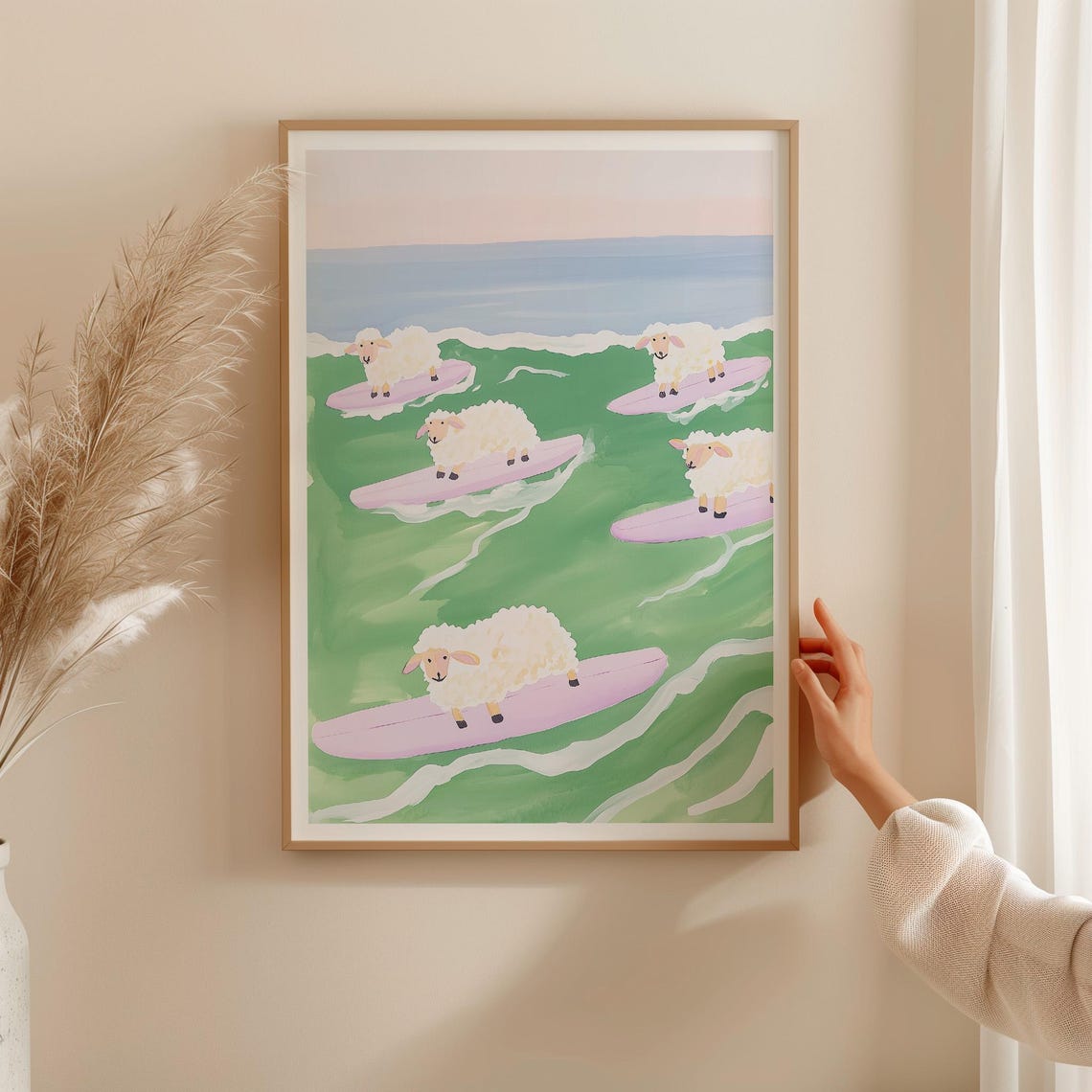 Surfing Sheep Funny Animal Art Print with Pink Surfboards Ocean Waves