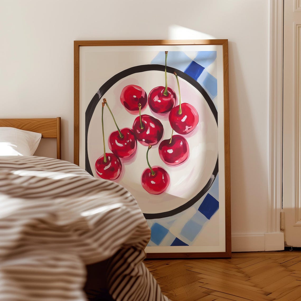 Retro Cherry Still Life in Bowl on Blue Checkered Cloth Poster - Image 4