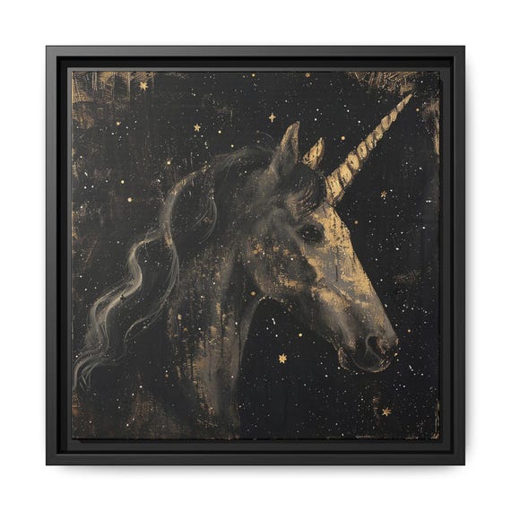 Gold Leaf Style Unicorn Wall Art Portrait On Black Starry Night Unicorn Sketch Animal Painting Wall Gold Leaf Effect