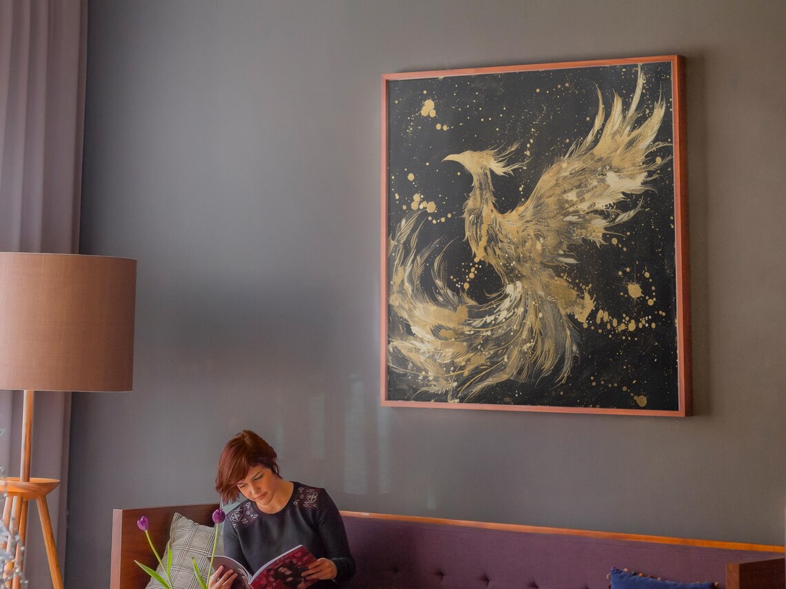 Abstract Golden Phoenix Black Background Bird Painting Poster - Image 2