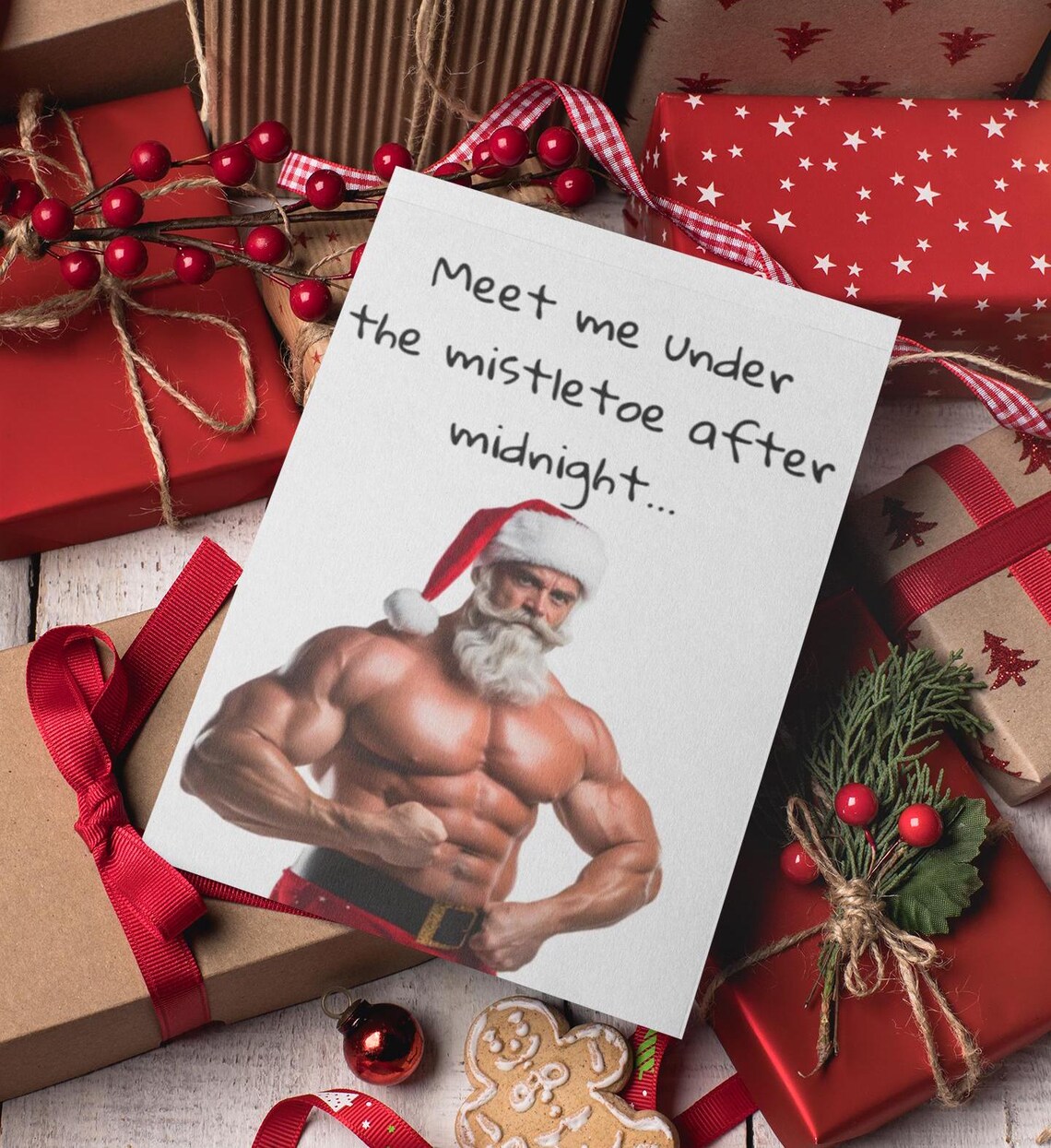 Muscle Santa Mistletoe Funny Christmas Card Humor Art Poster - Image 2