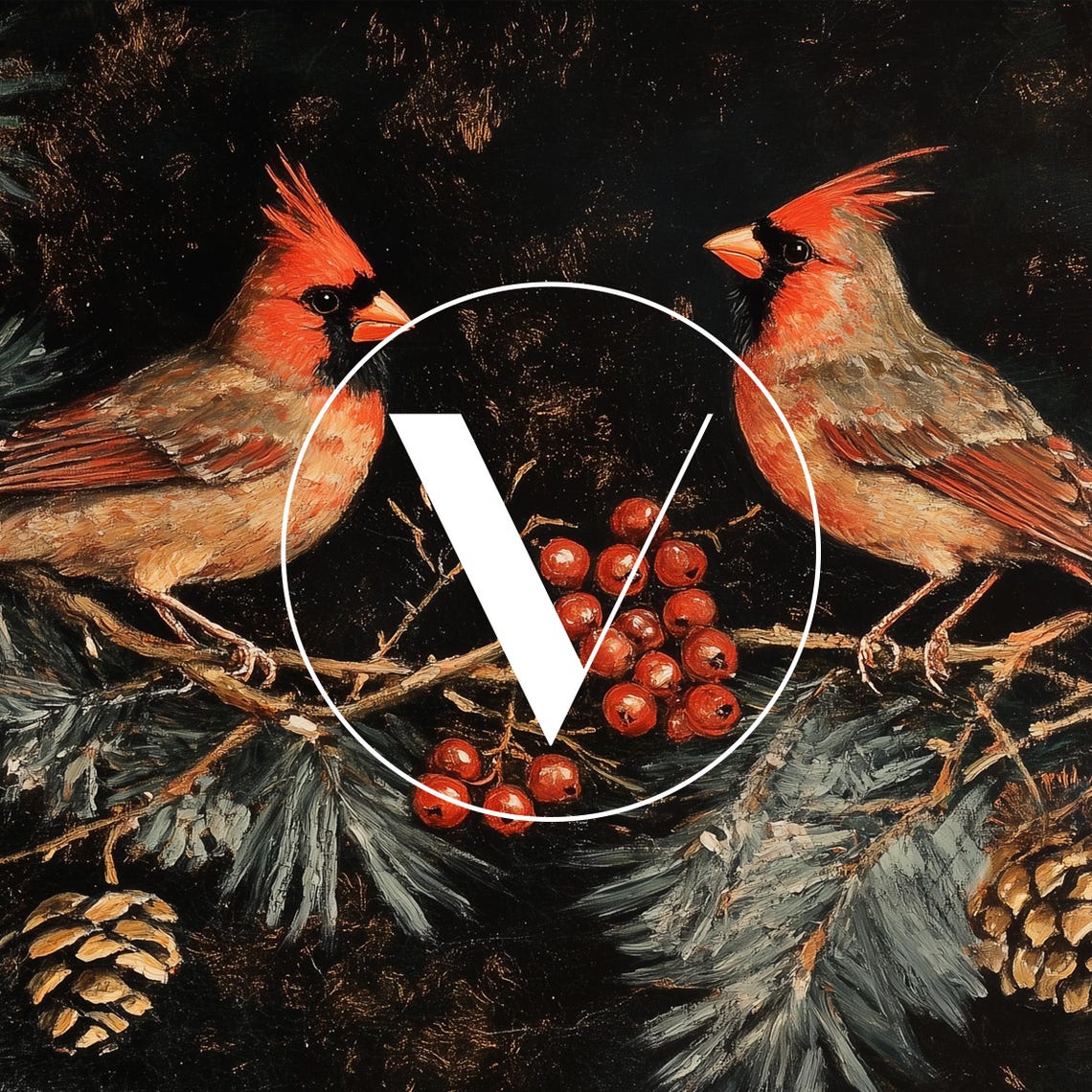 Cardinal Bird Christmas Frame Tv Art Vintage Christmas Holiday Painting Dark Antique Winter Screensaver Berry Evergreen Branch Tv24238 - Image 2