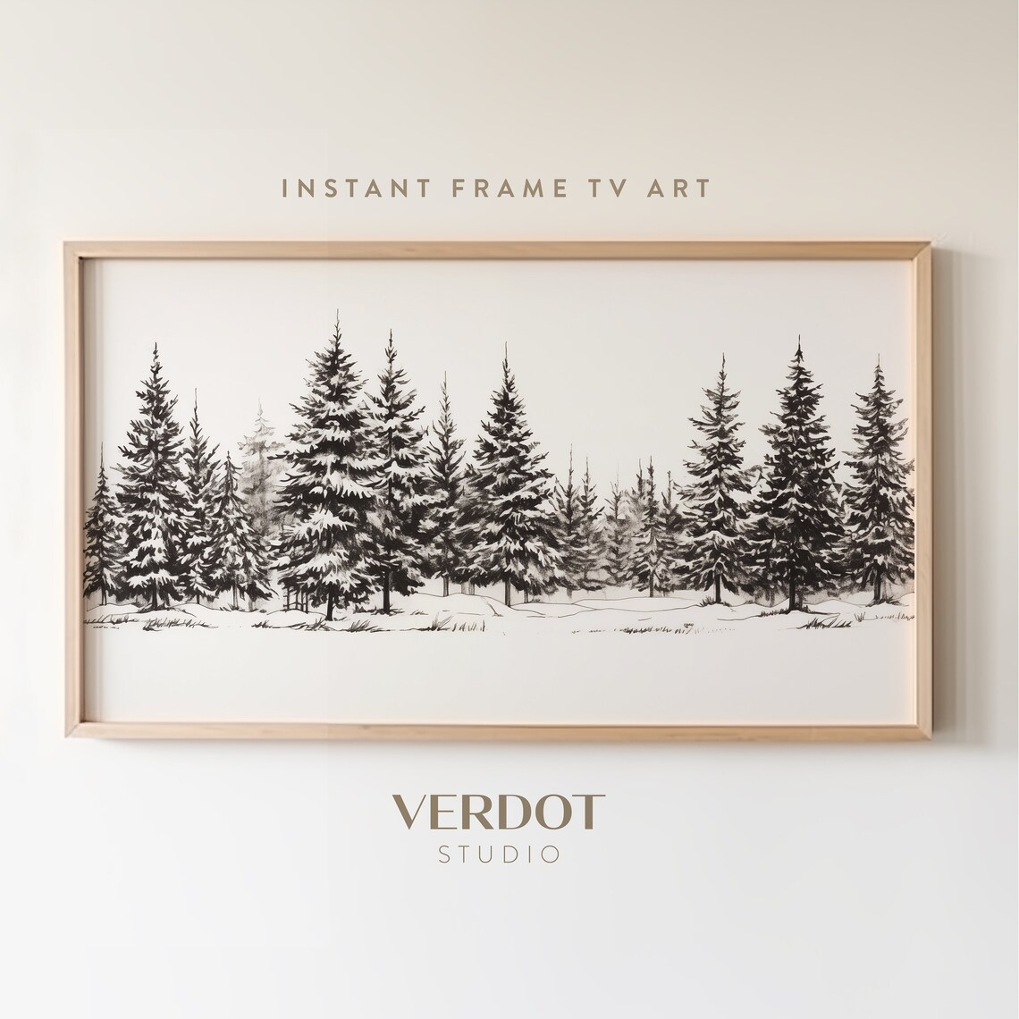 Black Winter Trees Art Print, Neutral Christmas Landscape