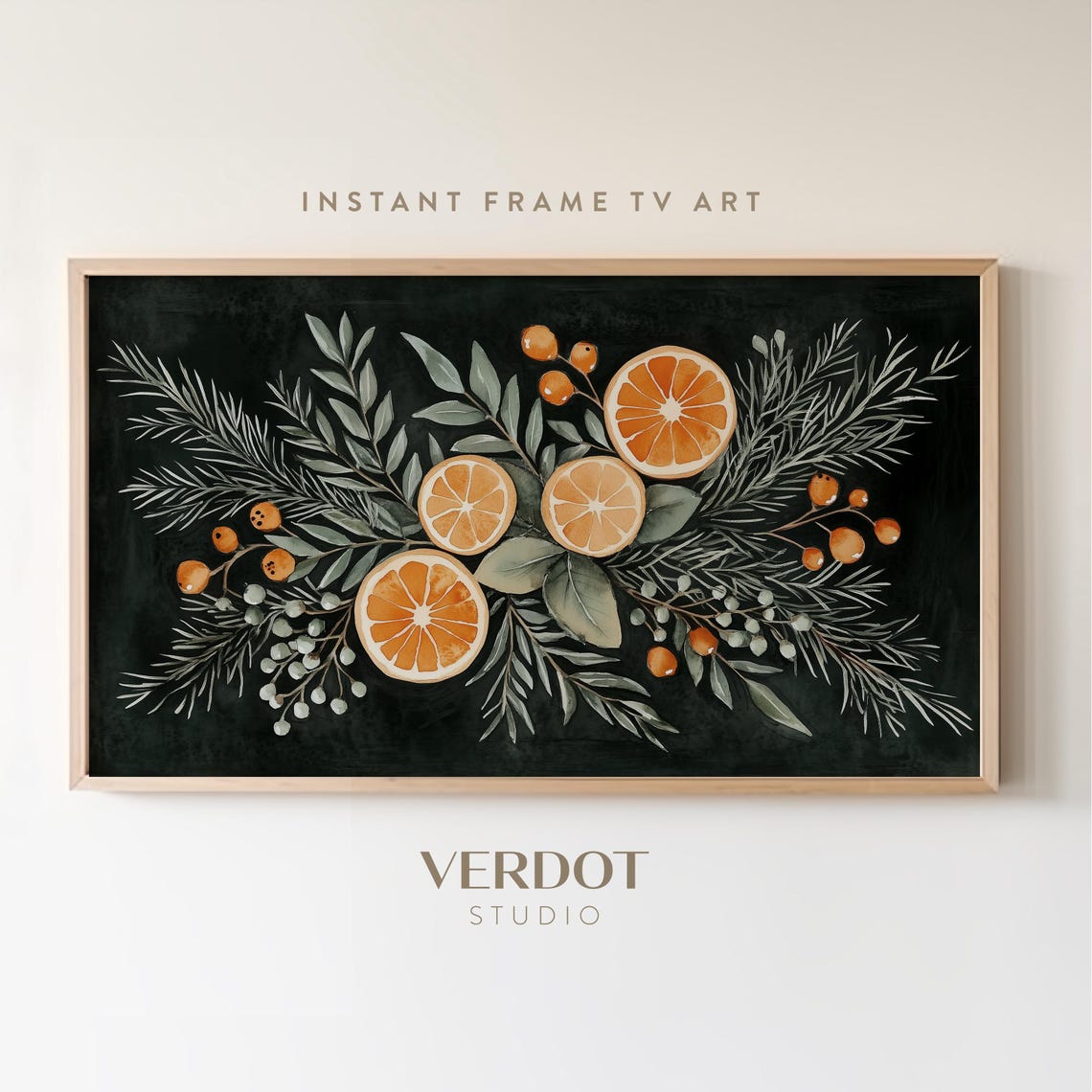 Christmas Botanical Orange Slices Pine And Berries On Black Art Poster