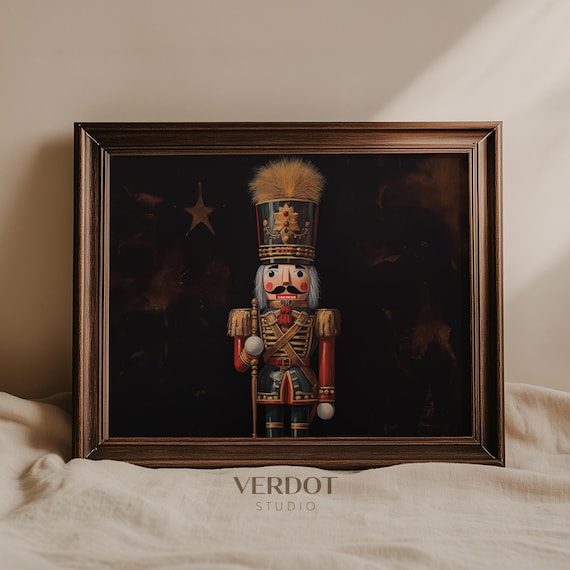 Vintage Nutcracker Christmas Decor Wall Art Neutral Holiday Christmas Print Dark Moody Painting Festive Antique Poster 2331