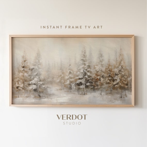 Golden Christmas Trees Art Print, Neutral Holiday Forest
