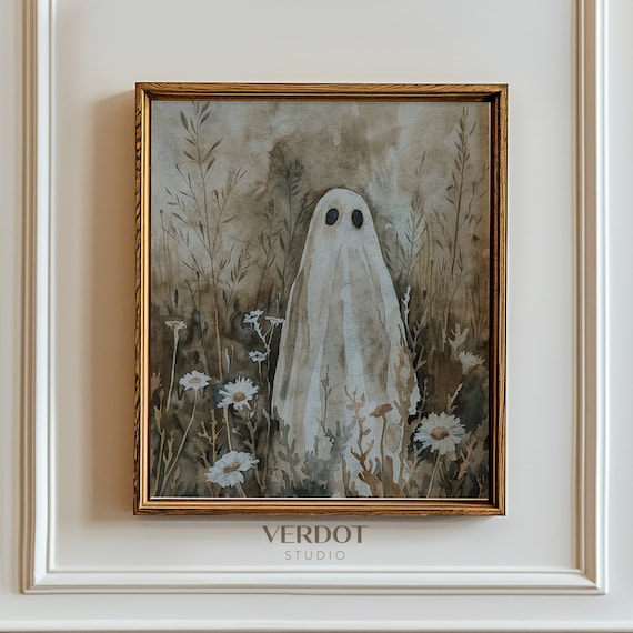 Ghost Standing Among Daisies In Vintage Neutral Meadow Watercolor Poster