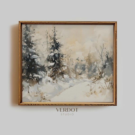 Snowy Winter Landscape Painting Print, Vintage Christmas