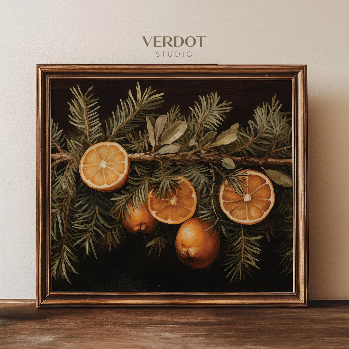 Vintage Orange Branch Christmas Art Print, Holiday Decor