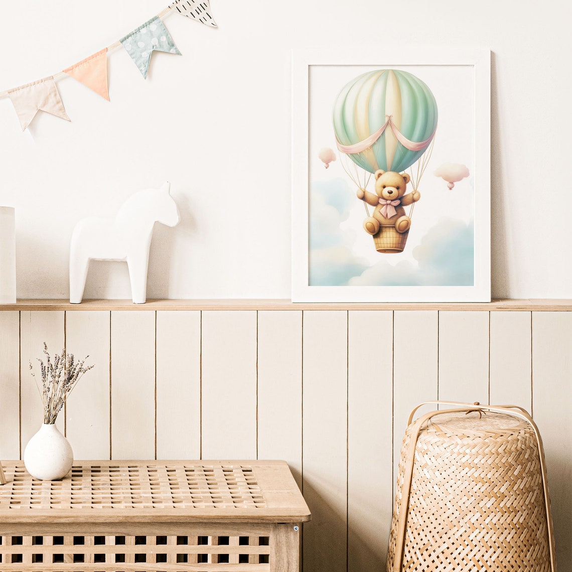 Teddy Bear Hot Air Balloon Pastel Mint Clouds Nursery Poster - Image 3