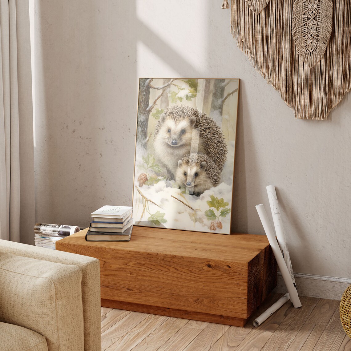 Winter Hedgehogs Mother Baby Snowy Woodland Nursery Art Print - Image 5