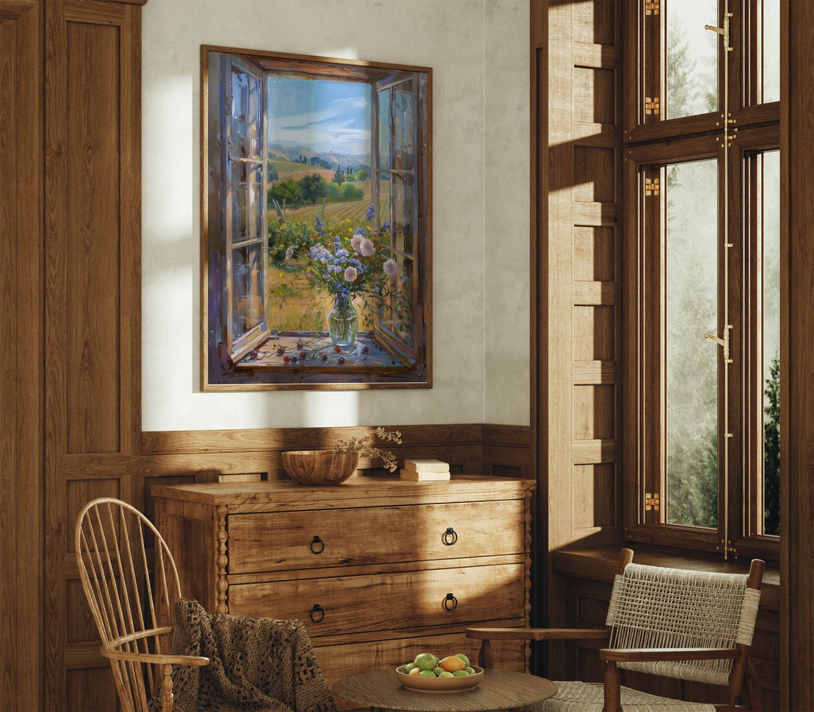 Wildflower Vase On Open Windowsill Over Vineyard Hillside View Poster - Image 2