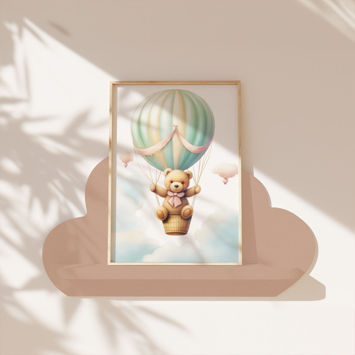 Teddy Bear Hot Air Balloon Pastel Mint Clouds Nursery Poster - Image 7