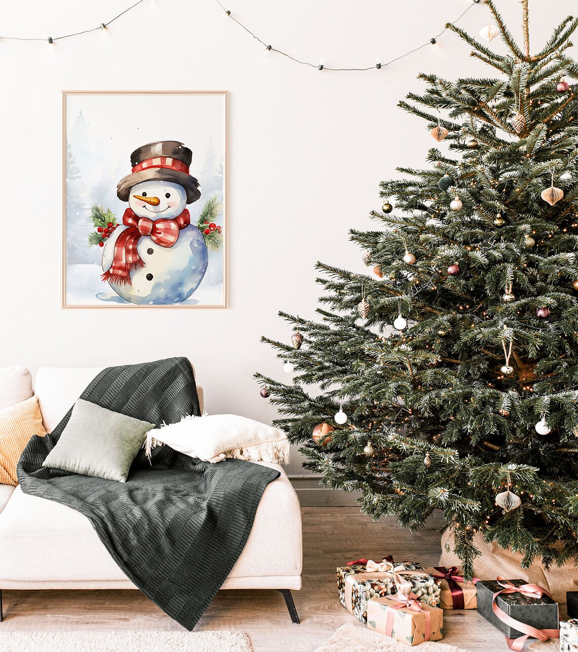 Cute Watercolor Snowman Top Hat Plaid Scarf Winter Art Poster - Image 3