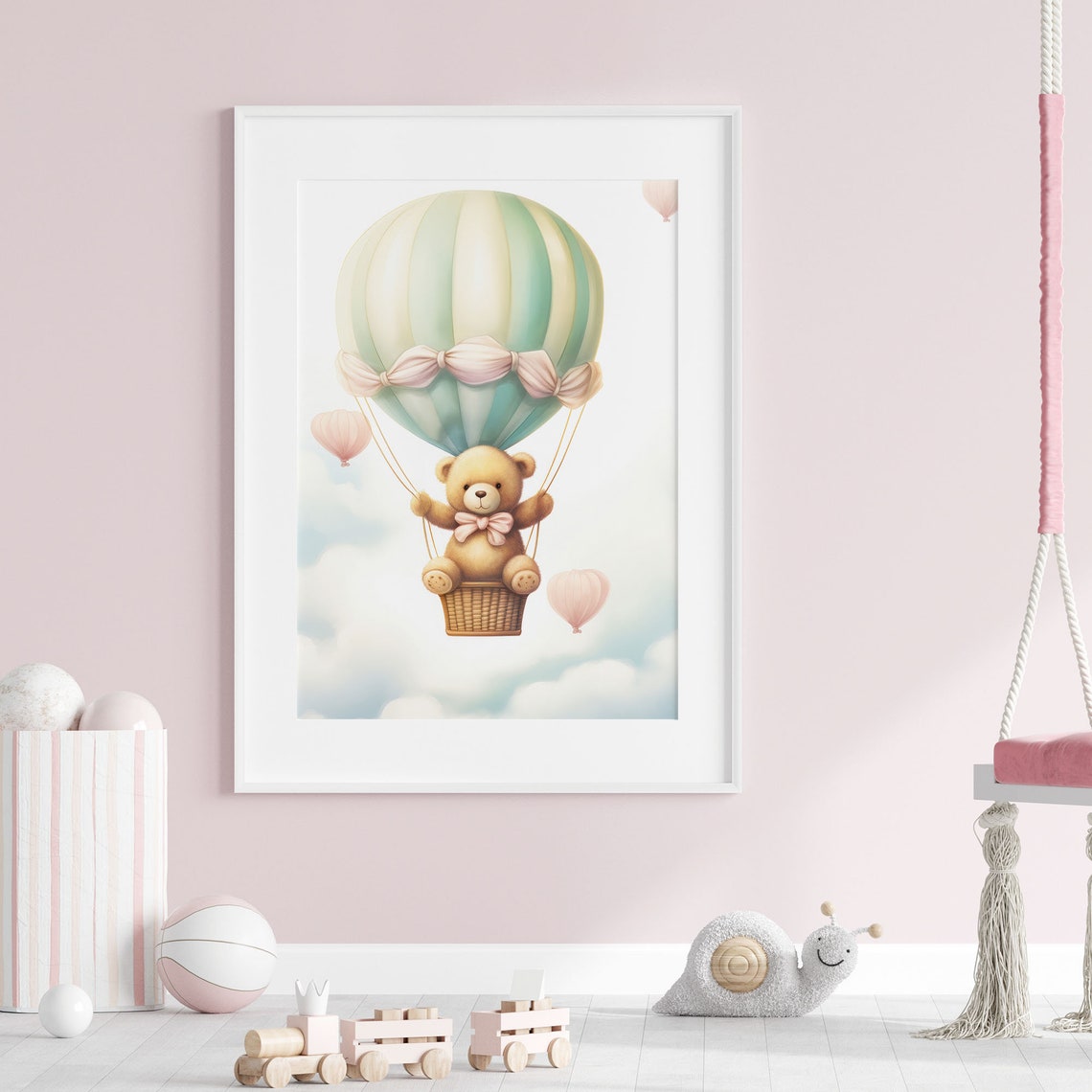 Teddy Bear in Hot Air Balloon Pastel Nursery Baby Room Decor Poster - Image 3