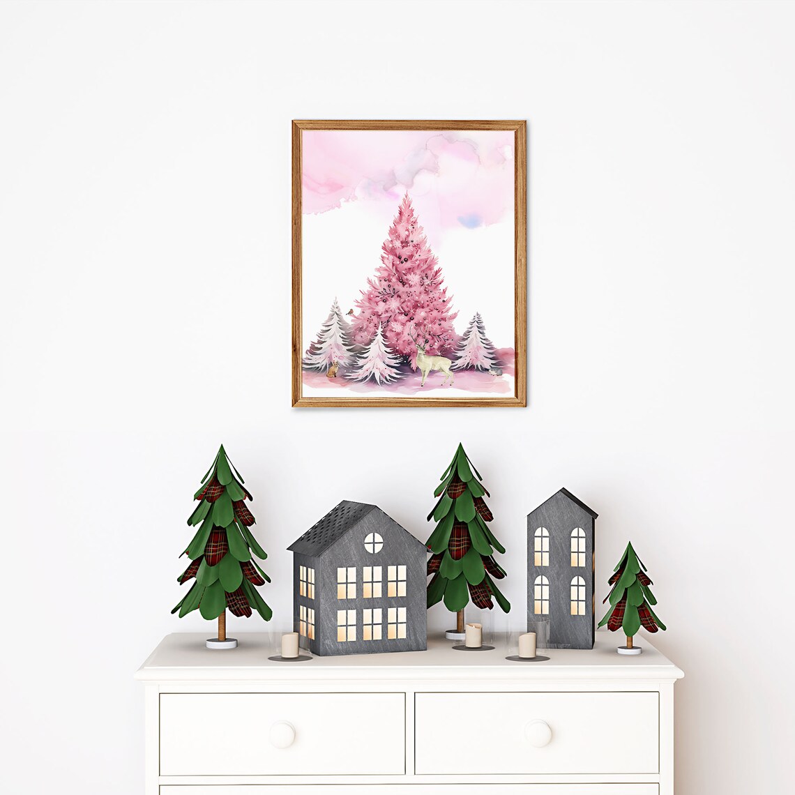 Pink Watercolor Christmas Trees Woodland Deer Holiday Poster - Image 6
