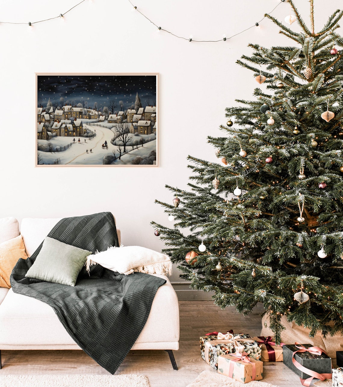 Vintage Christmas Village Wall Art Vintage Christmas Winter Night Wall Art Antique Style Christmas Decor Xmas Town Painting Xmasv1 - Image 2