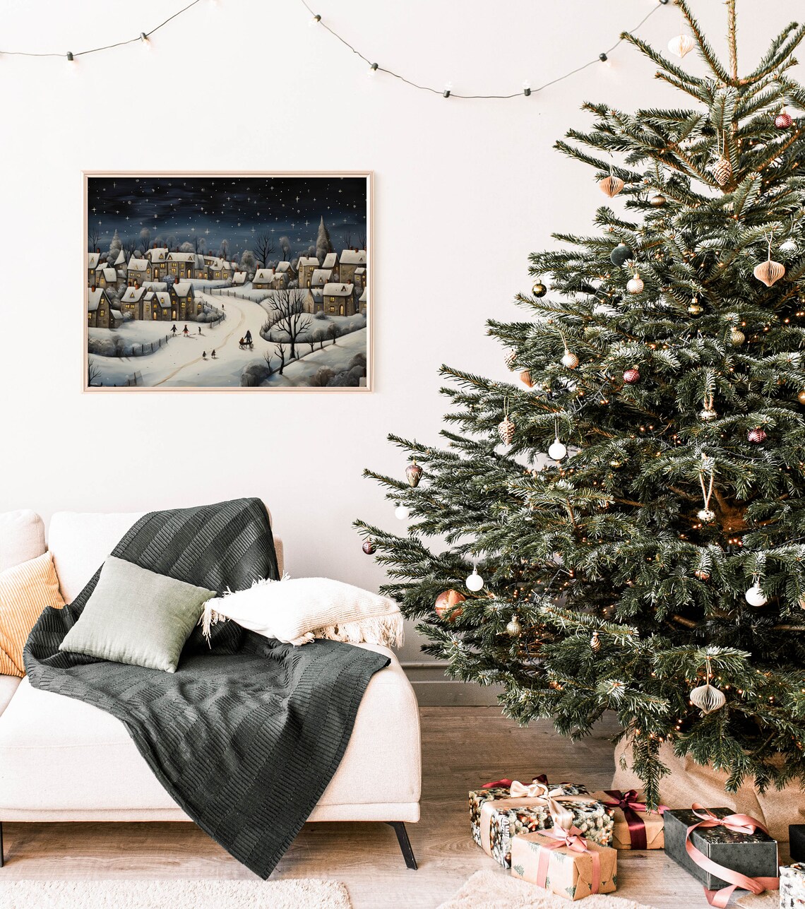 Vintage Christmas Village Winter Night Starry Sky Holiday Poster - Image 2