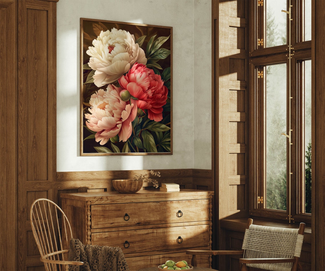 Three Large Peony Flowers Cream Coral Red Dark Painterly Floral Poster - Image 8