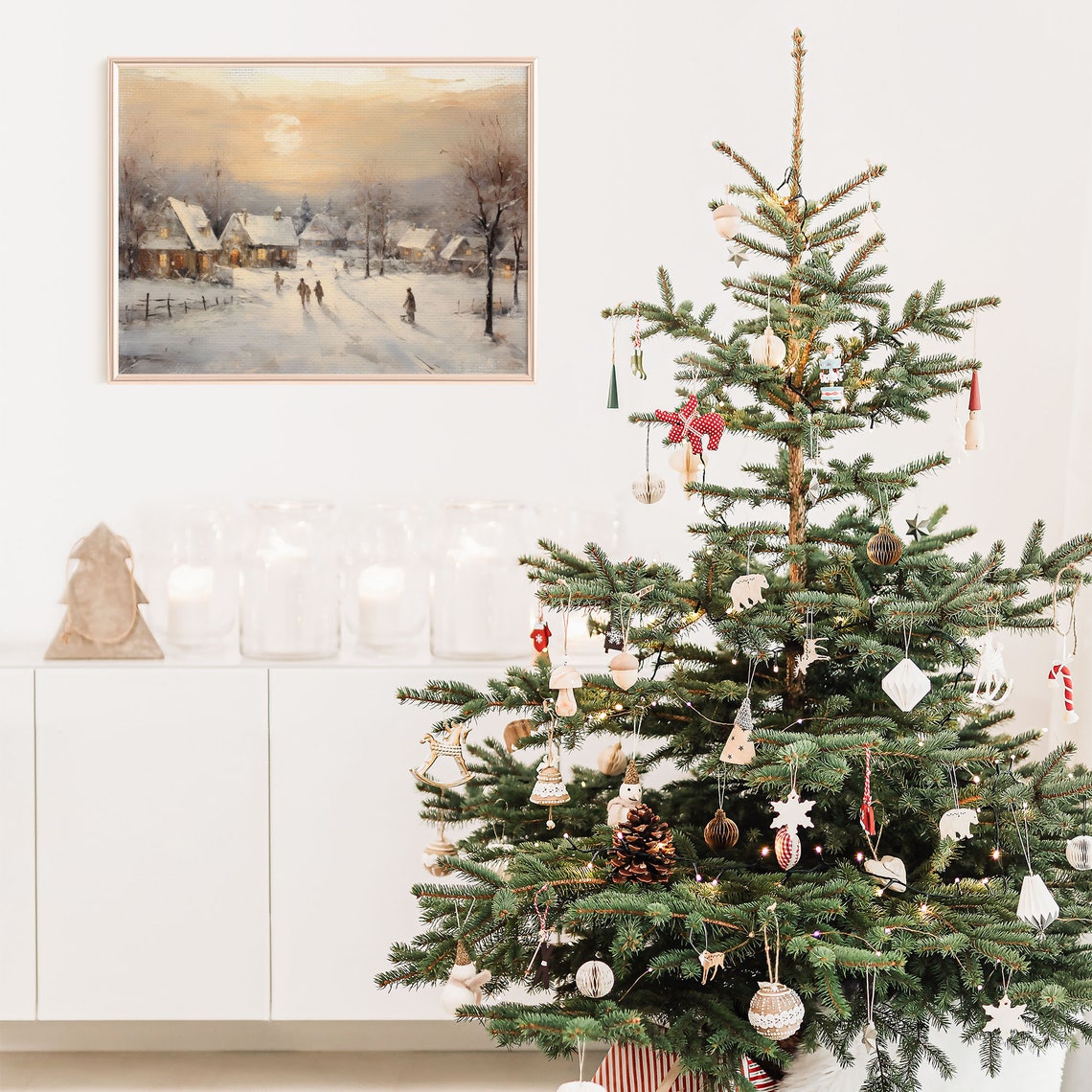 Vintage Christmas Village Wall Art Vintage Christmas Winter Snowy Wall Art Farmhouse Christmas Decor Xmas Town Painting Xmasv1 - Image 2