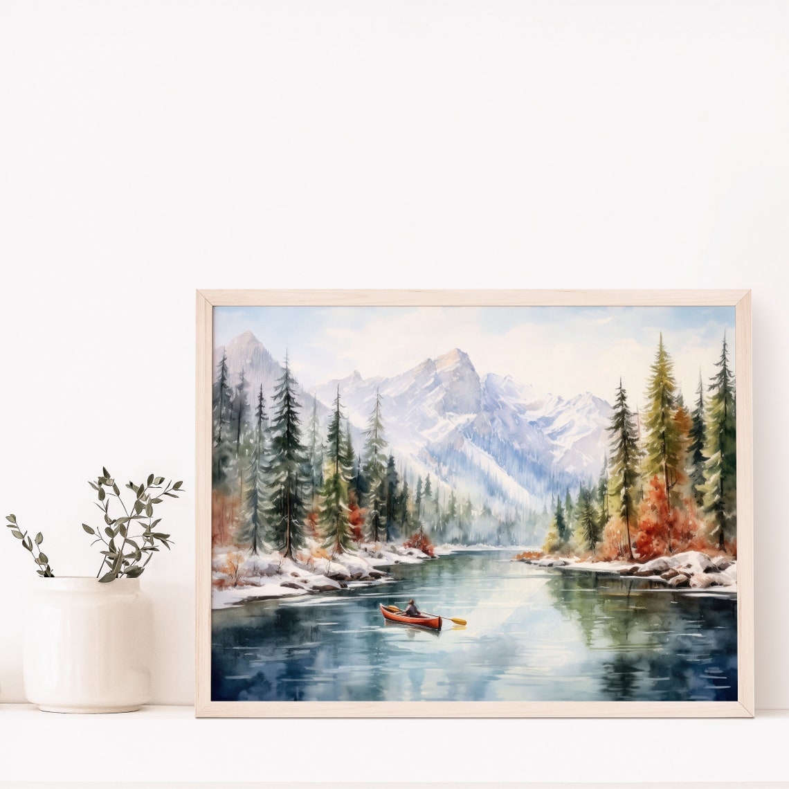 Red Canoe Winter Lake Mountain Snow Watercolor Landscape Poster - Image 2