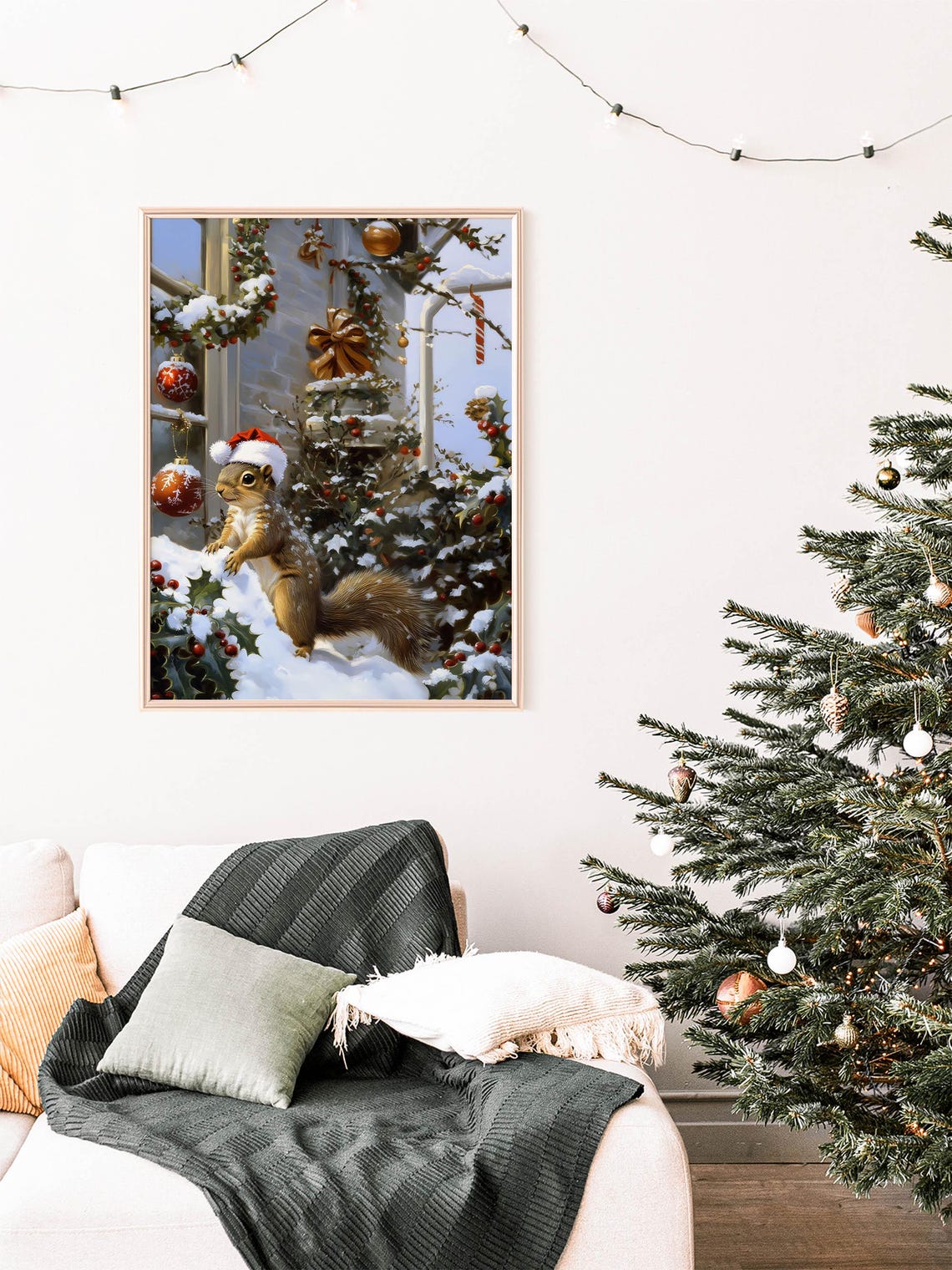 Squirrel Wearing Santa Hat Snowy Christmas Ornaments Vintage Poster - Image 3