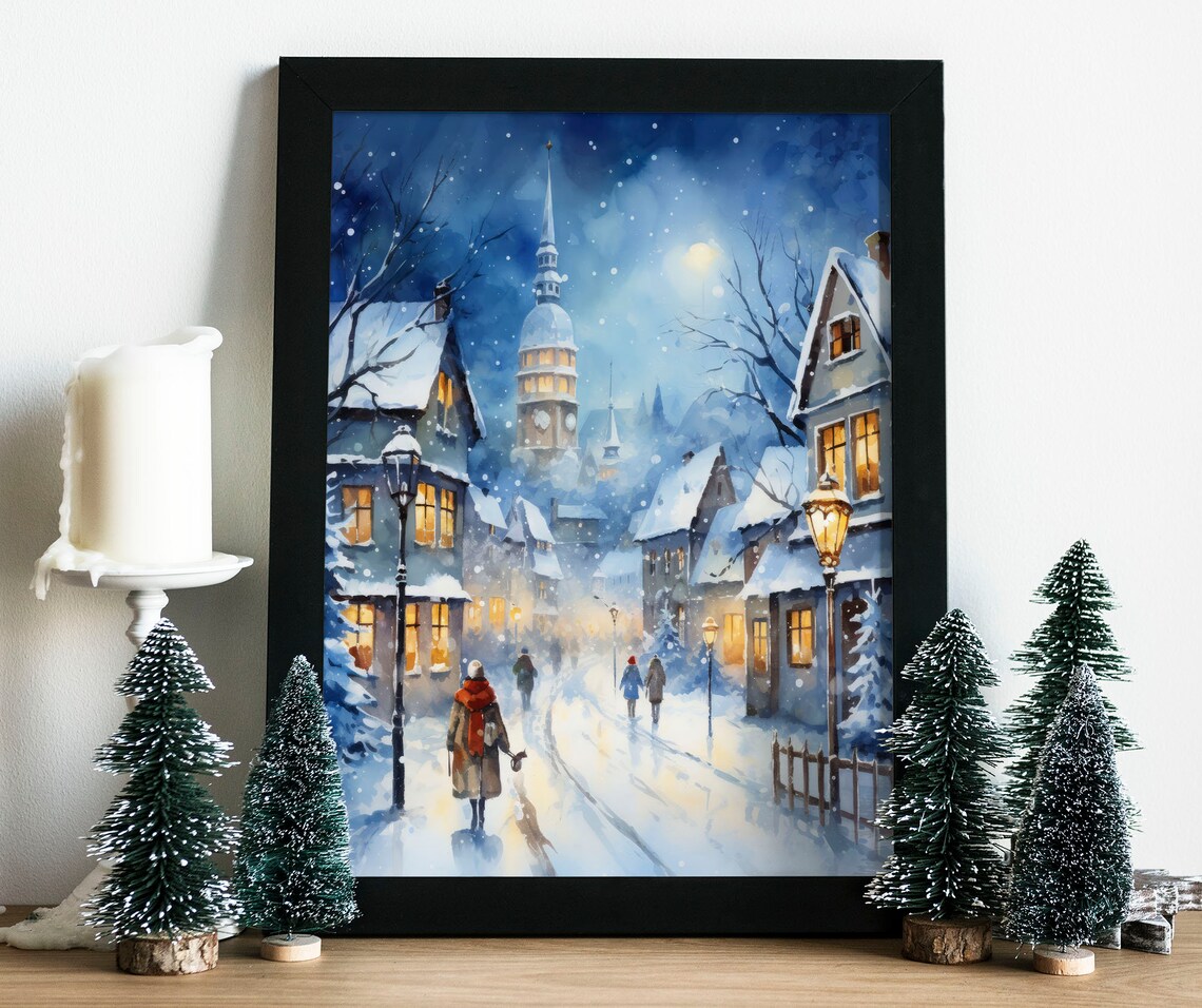 Blue Christmas Town Clock Tower Snowy Night Watercolor Art Print - Image 6