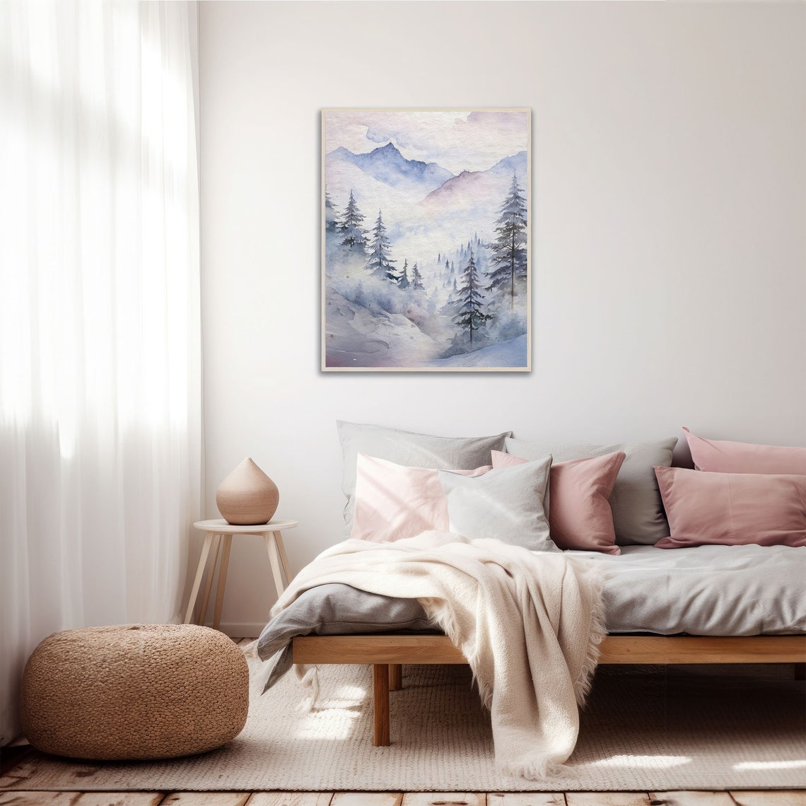 Snowy Mountain Forest Mist Winter Watercolor Landscape Art Print - Image 2