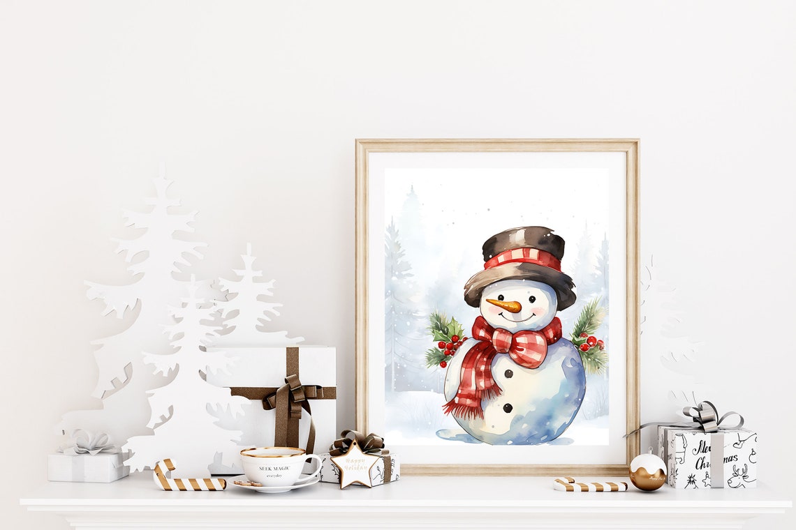 Cute Watercolor Snowman Top Hat Plaid Scarf Winter Art Poster - Image 2