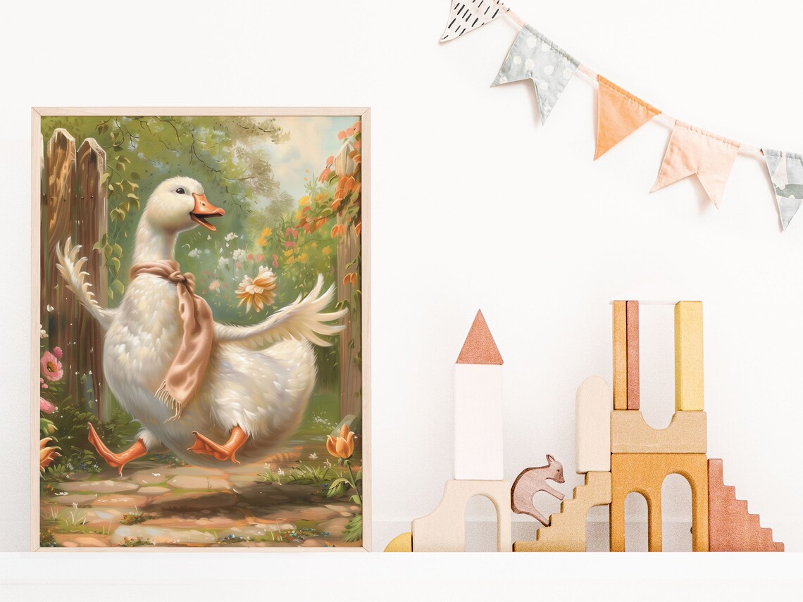 Silly Goose In Dahlias Wall Art Cute Goose Wearing A Scarfe Fairytale Print Whimsical Farmhouse Nursery Decor Vintage Kids Room Poster - Image 5