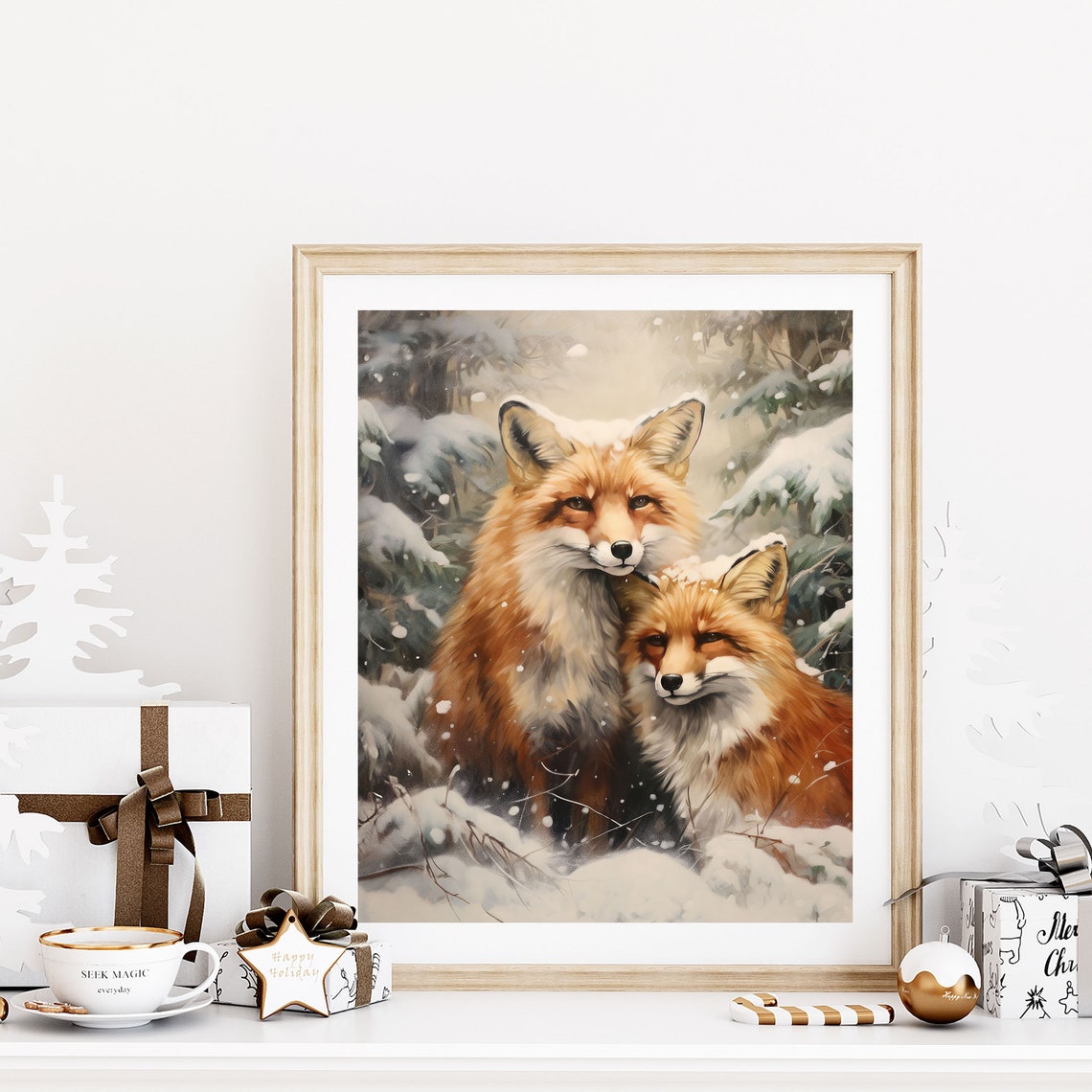 Red Fox Couple in a Snowy Forest Winter Wildlife Painting Poster - Image 2