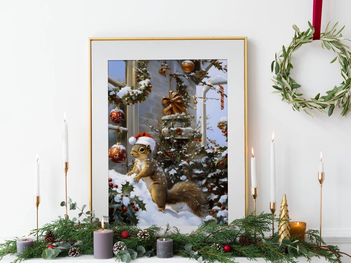 Squirrel Wearing Santa Hat Snowy Christmas Ornaments Vintage Poster - Image 4