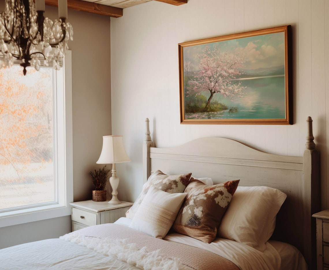 Cherry Blossom Tree By Calm Turquoise Lake Spring Reflection Poster - Image 3
