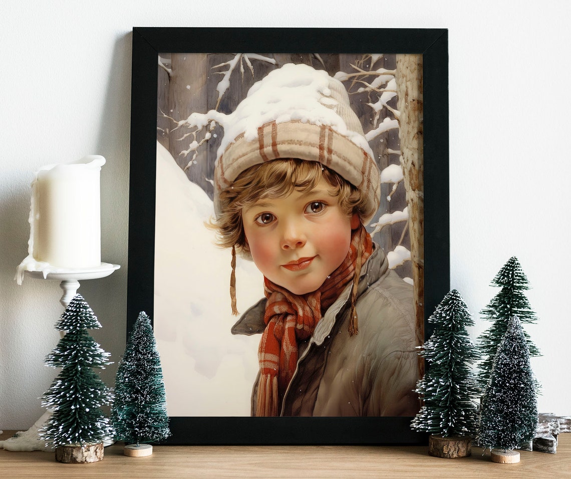 Vintage Christmas Wall Art Vintage Winter Snowy Wall Art Farmhouse Christmas Decor Xmas Oil Painting Playing In The Snow Xmasv1 - Image 4