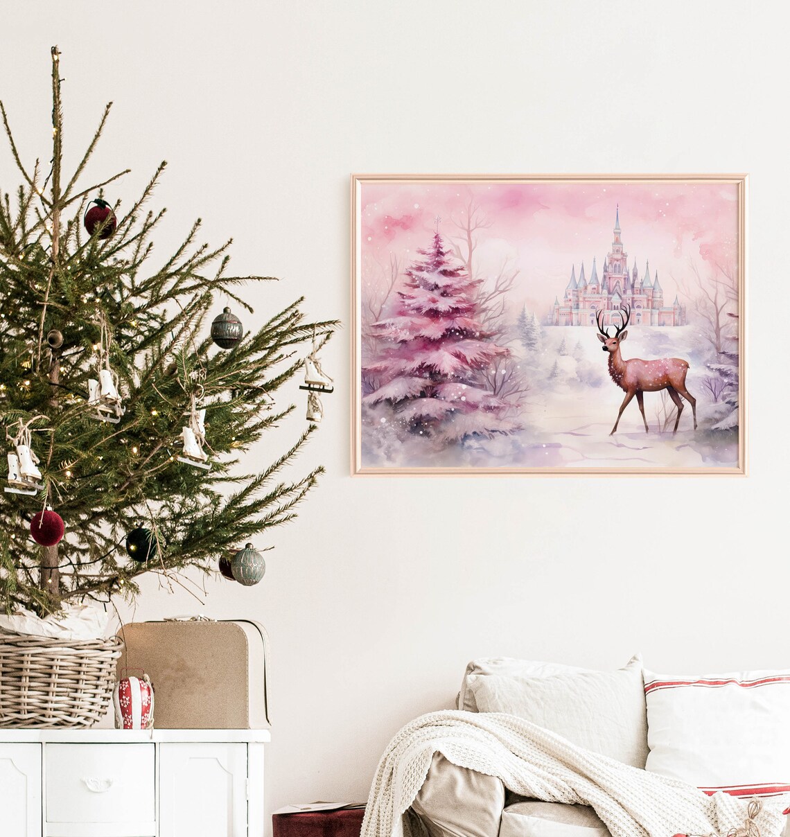 Pink Christmas Reindeer Castle Watercolor Dreamy Holiday Art Print - Image 4