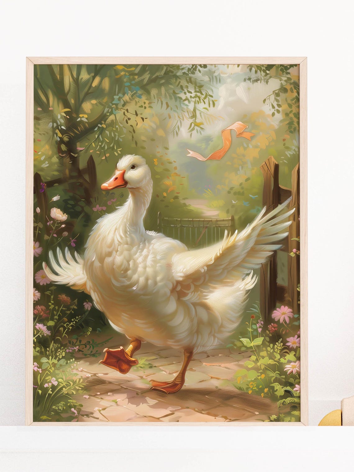 Silly White Goose Strutting Flower Garden Path Whimsical Kids Poster - Image 8