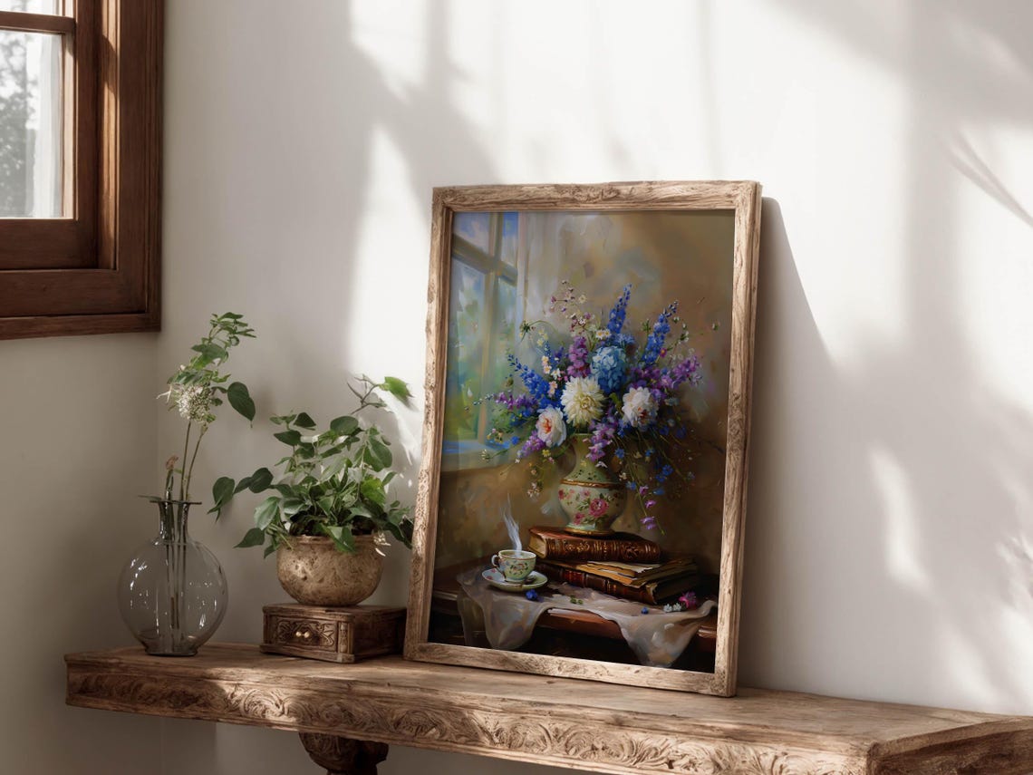 Vintage Hydrangea Bouquet Books Teacup Light Academia Art Print - Image 4