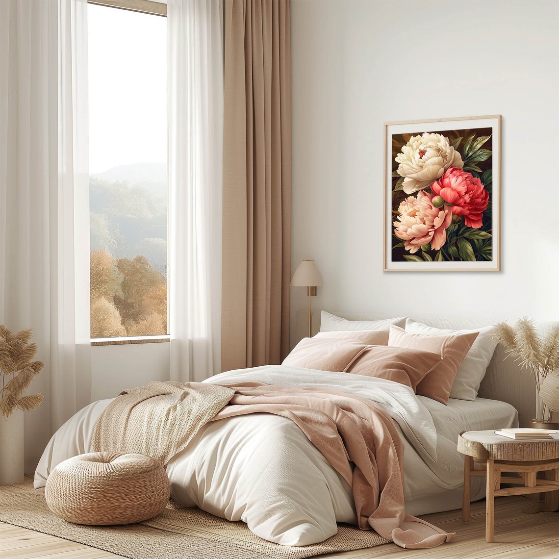 Three Large Peony Flowers Cream Coral Red Dark Painterly Floral Poster - Image 5