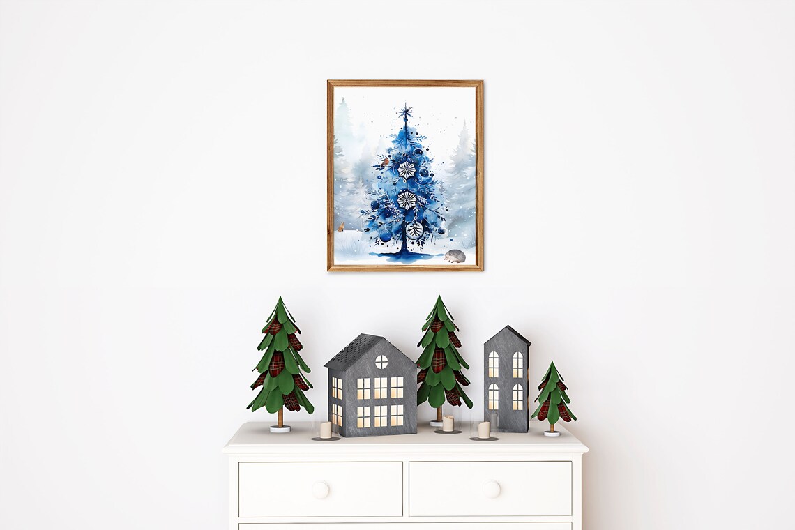 Blue Christmas Tree Ornaments Snowy Watercolor Holiday Art Print - Image 4