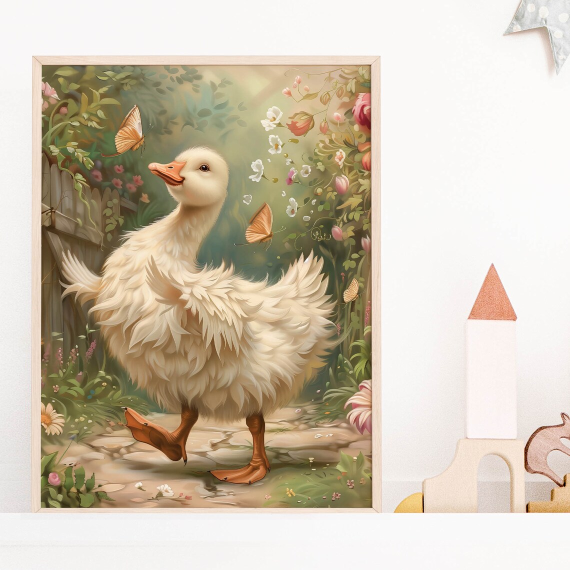 Fluffy White Goose Among Flowers Butterflies Vintage Storybook Poster - Image 2