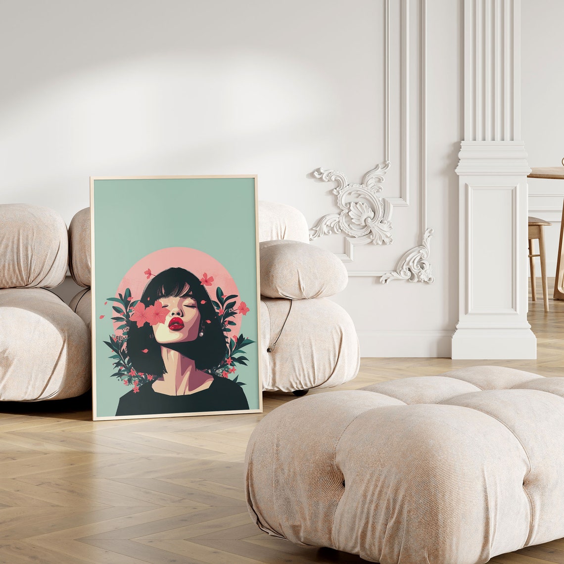 Neo Pop Woman with Flowers on Face Vintage Style Portrait Wall Art - Image 2